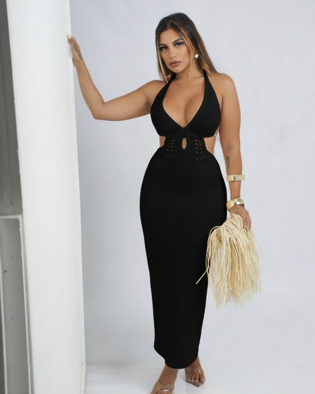 Vestido Midi Aberto Na Costas Com Amarração no pescoço Bordado Moda Feminina 446