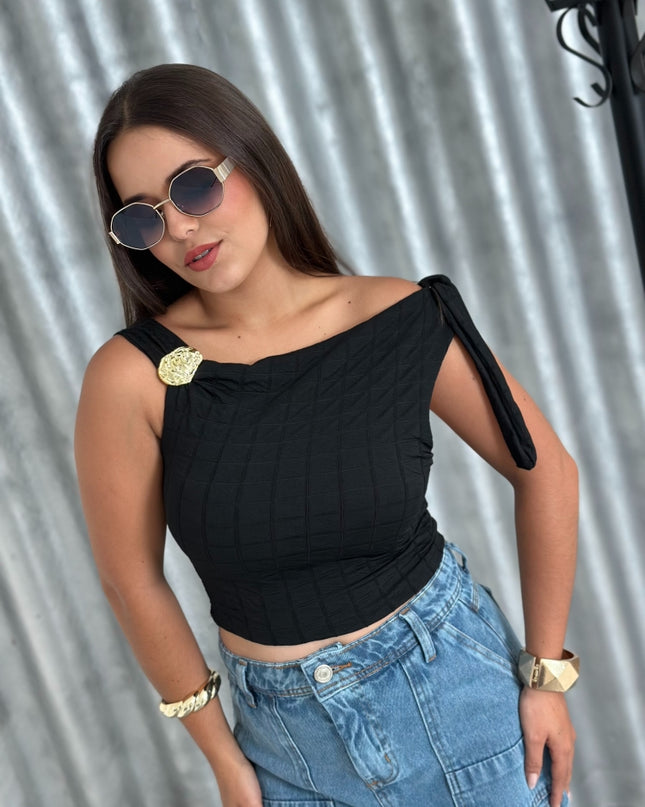 Camisetas Cor Sólida com Decoração de Laço Metálico Tricotado, Ombros com Amarração, Cropped Ajustado 546