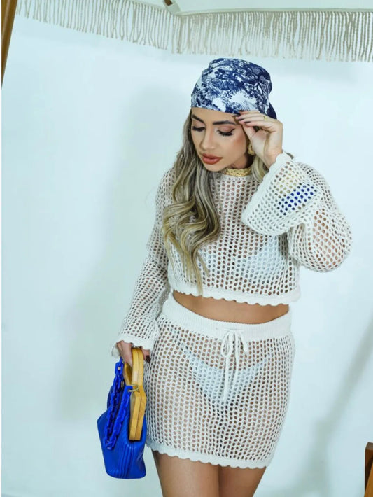 Conjunto de Roupa para Férias na Praia para Mulheres, Blusa de Tricô Casual com Recorte de Manga Longa e Saia de Cintura Alta 451