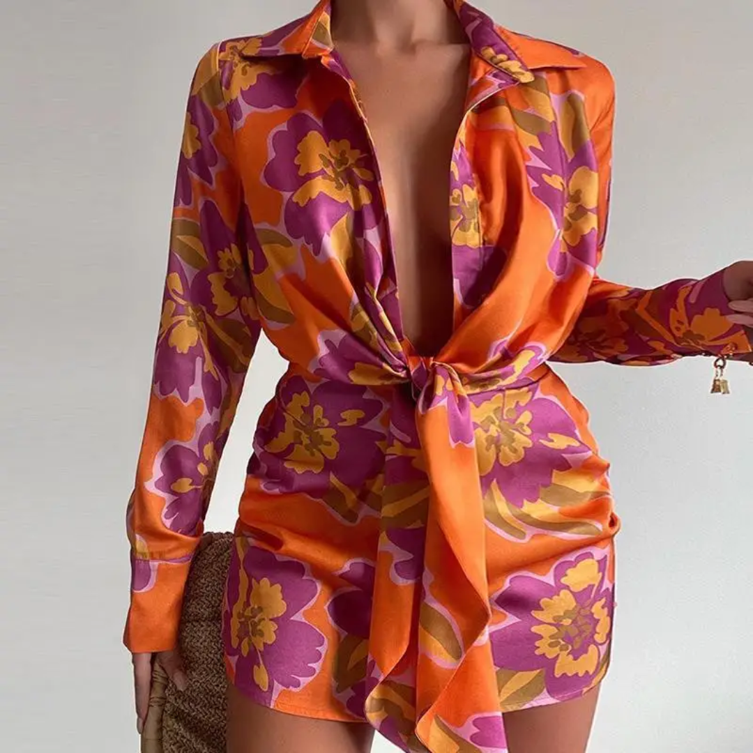 Vestido feminino simples e diário de mangas compridas com estampa aleatória 214