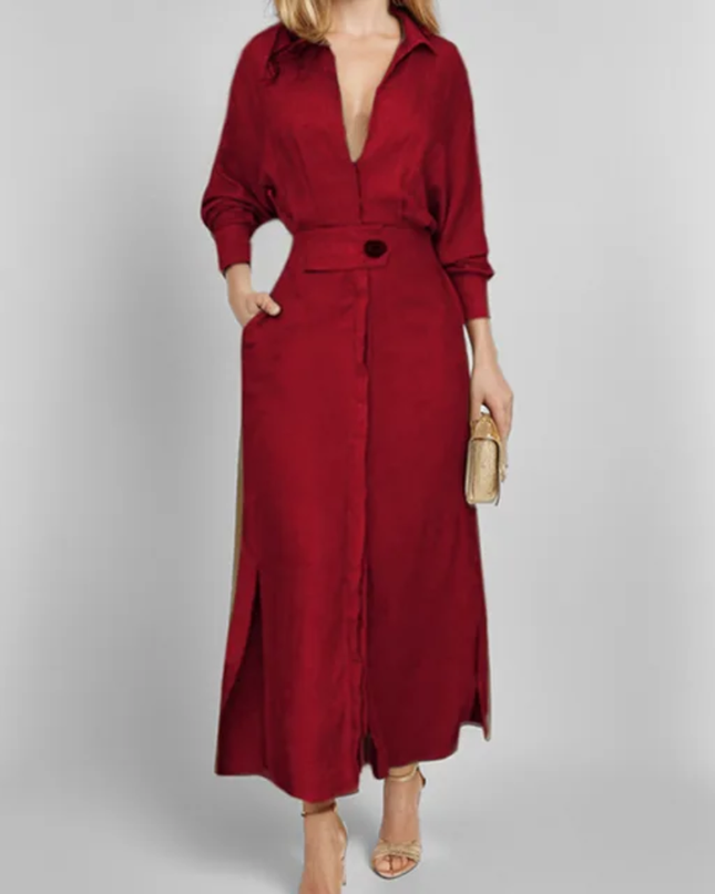 Vestidos Feminino De Lapela De Manga Comprida De Cor Sólida 188