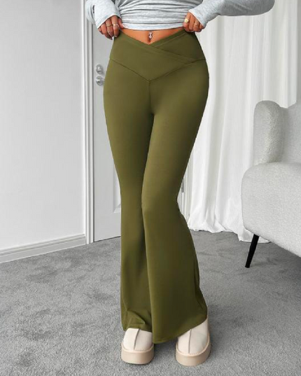 Calça Flare de Cintura Larga Casual de Feminina, Legging com Cintura Dobrada de Cintura Alta Franzida Slim Fit 131