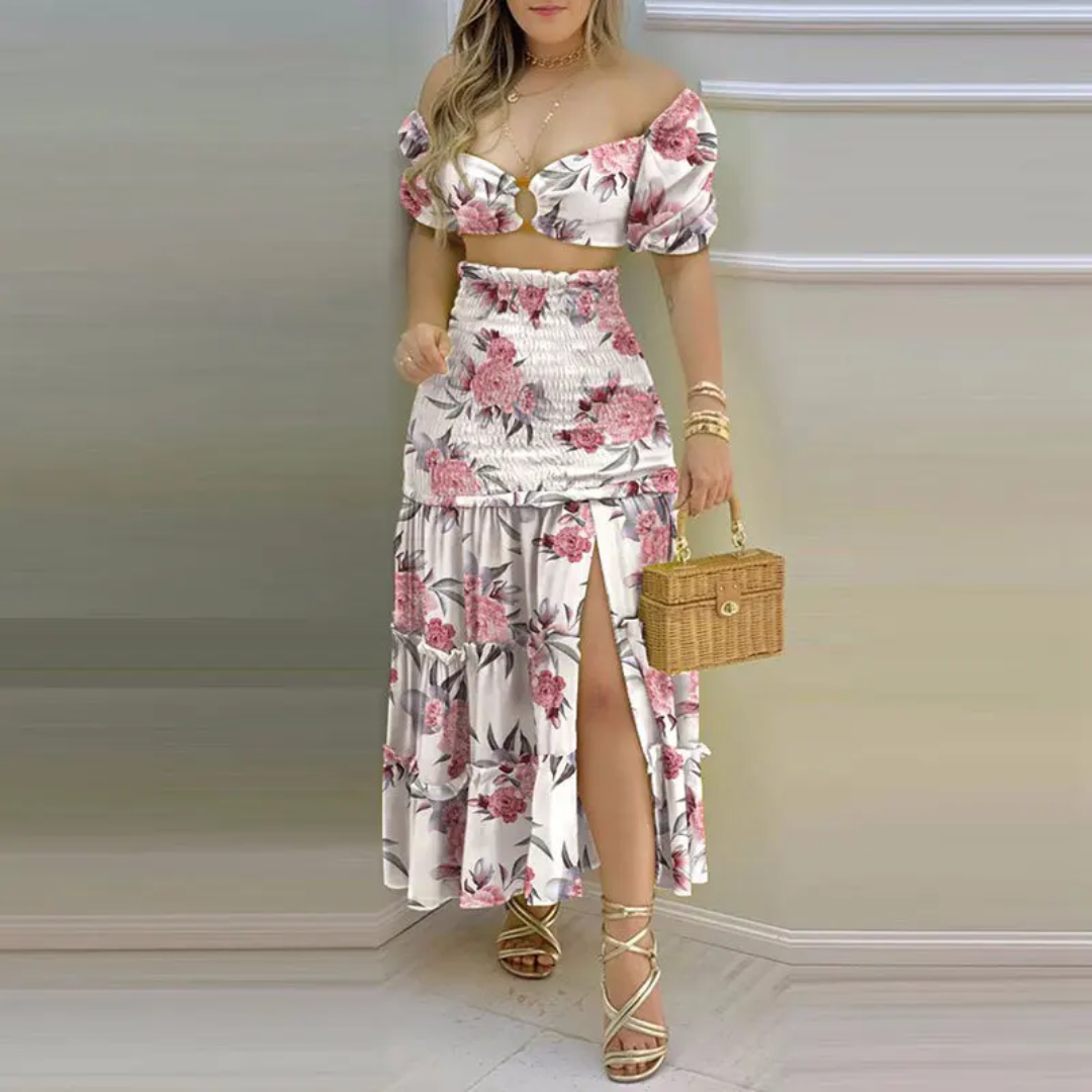 Estampa floral conjunto de duas peças para uma elegante viagem de verão para mulheres 195