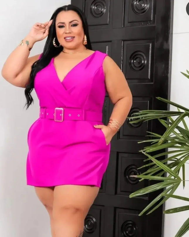 PLUS SIZE Macaquinho alfaiataria regata decote transpassado com cinto 258