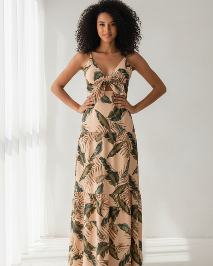 Vestido Longo Feminino Elegante com Cintura Ajustada Estampa floral 536