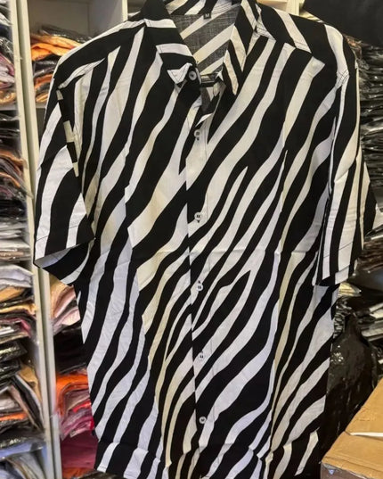 Camisas Slim Masculina Viscose Slim Fit Lisa Alta Qualidade Verao Estampada Preto e Branco Listrado 465