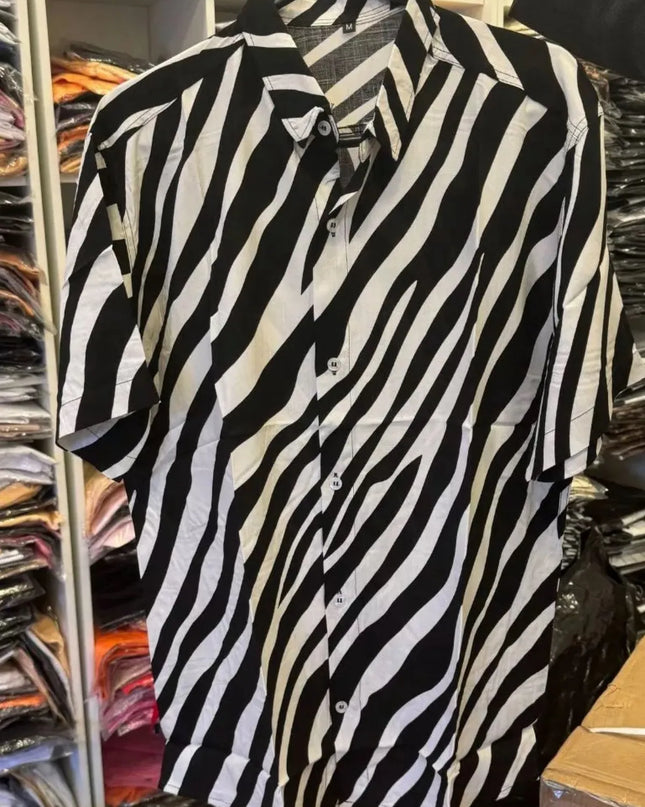 Camisas Slim Masculina Viscose Slim Fit Lisa Alta Qualidade Verao Estampada Preto e Branco Listrado 465