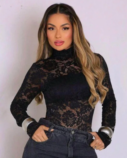 body feminino de renda floral manga longa Casual elegante    Laço Contraste 552