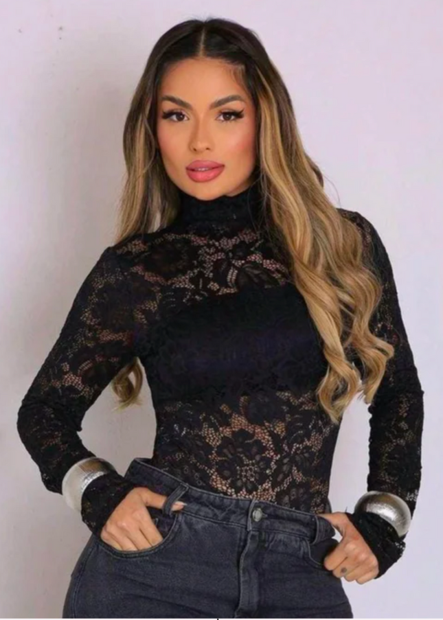 body feminino de renda floral manga longa Casual elegante    Laço Contraste 552