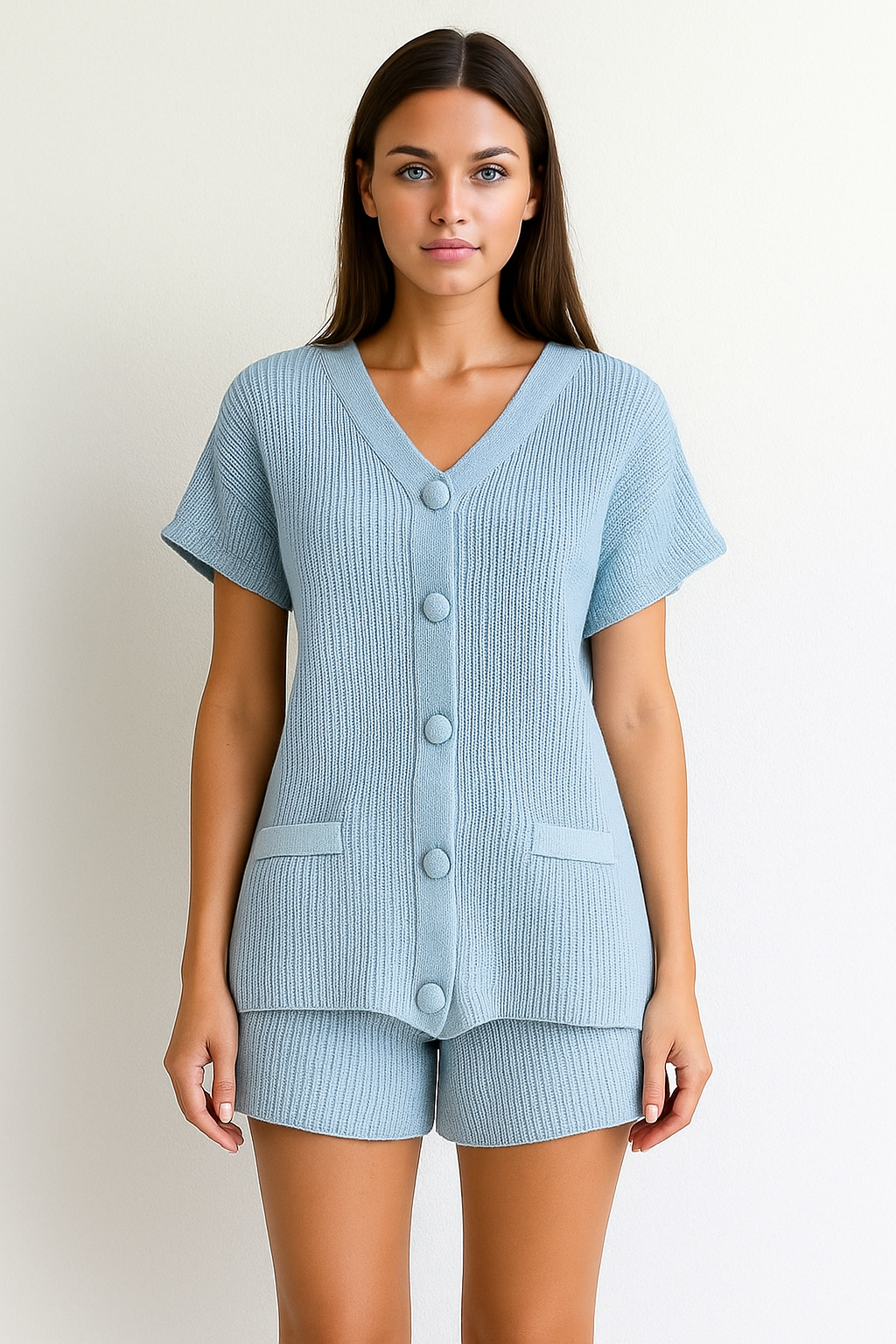 Conjunto de shorts feminino casual de 2 peças com botões e decote em V 24