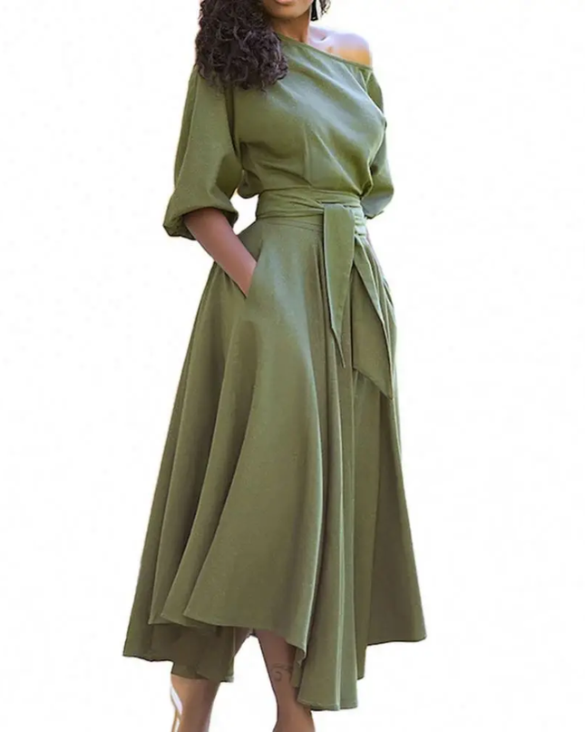 Vestido Longo Amplo Sobressalente com Cinto Vestido Elegante com Bolsos, Ombros à Mostra, Bainha Irregular 205