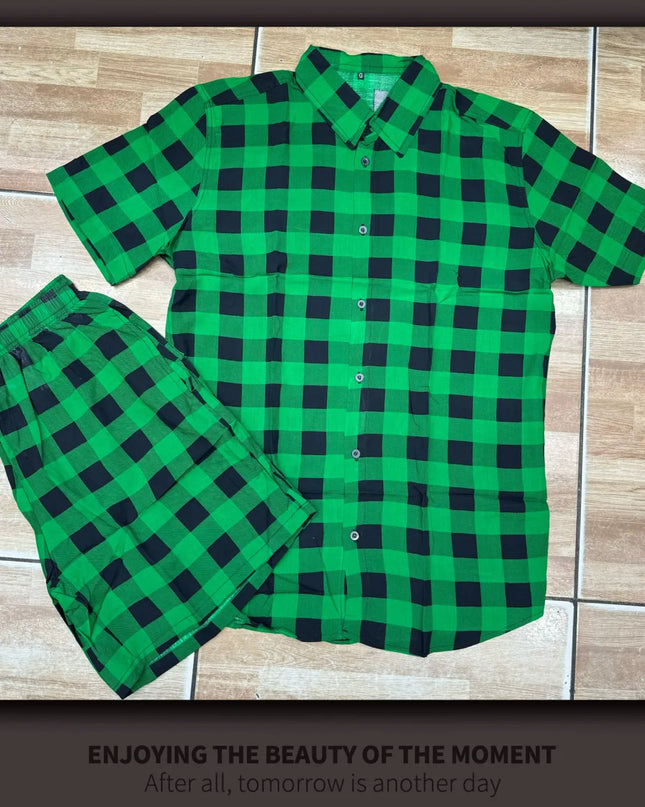 Conjunto de Cardigã Xadrez Retrô de Cavalheiro Camisa Shorts para Homens 468