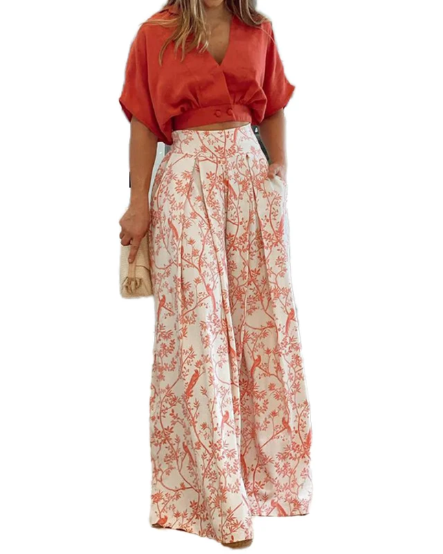 2 peças/Conjunto Top de Botão de Manga Curta com Decote em V de Verão para Mulheres e Calça Pantalona de Cintura Alta 189