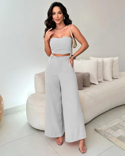 Conjunto Feminino Casual Elegante Calça Pantalona Cintura Alta e Cropped Duna 244