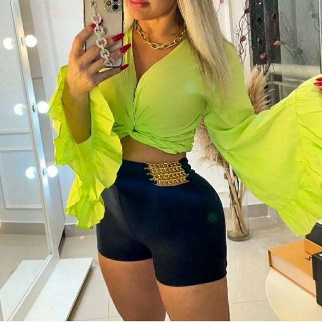 Blusa Cropped Amarrações Manga Longa Flery Babado 292