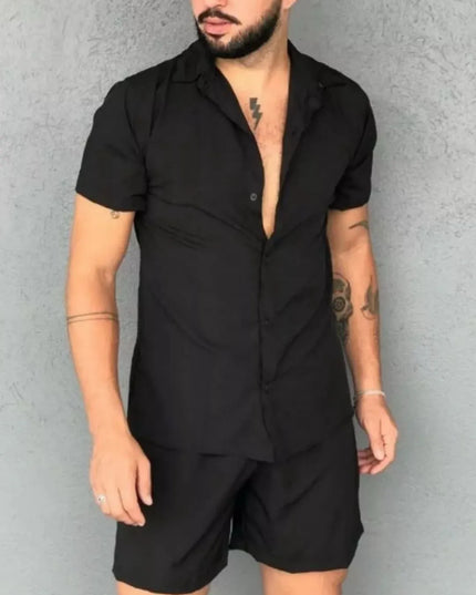 Camisa conjunto lisa masculina slim fite manga curta férias 268