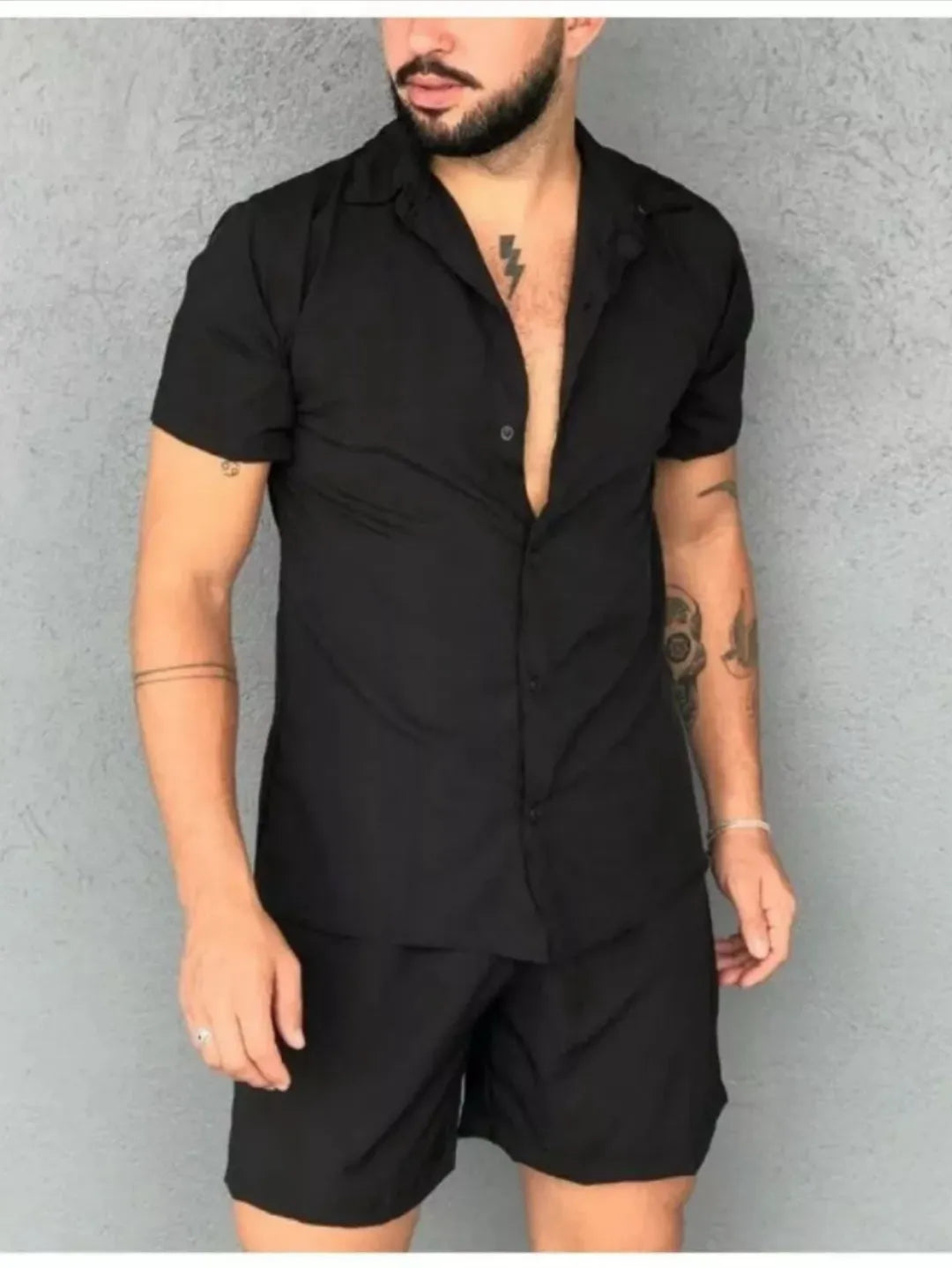 Camisa conjunto lisa masculina slim fite manga curta férias 268