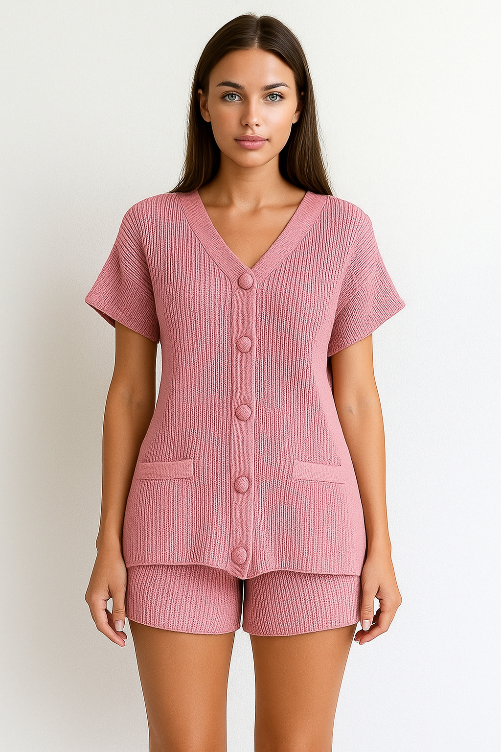 Conjunto de shorts feminino casual de 2 peças com botões e decote em V 24