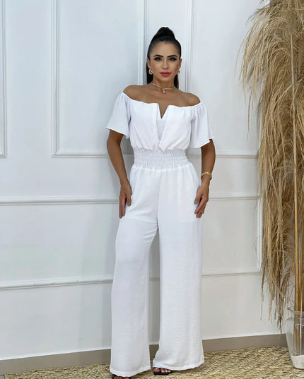 Macacão longo feminino verde com ombros descobertos e manga curta, com babados e detalhes franzidos 254