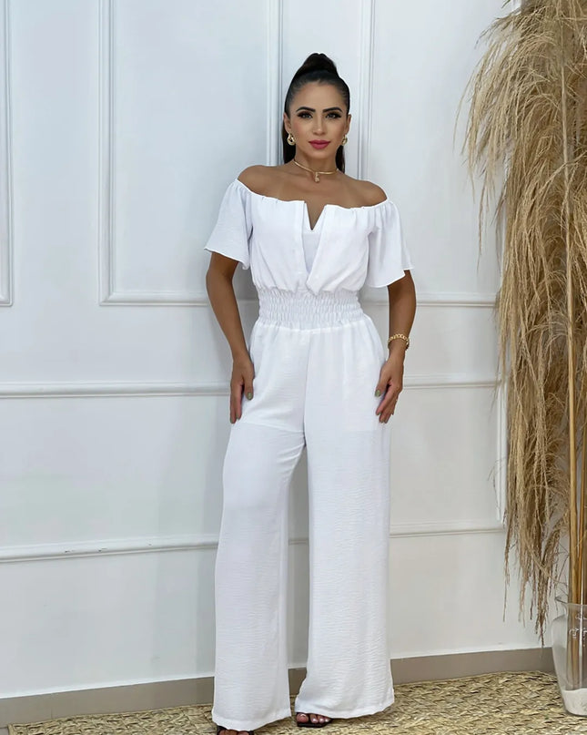 Macacão longo feminino verde com ombros descobertos e manga curta, com babados e detalhes franzidos 254