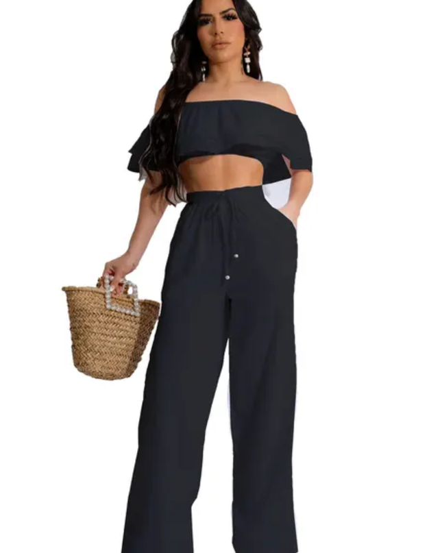 Casual two piece bow collar ruffled pants set